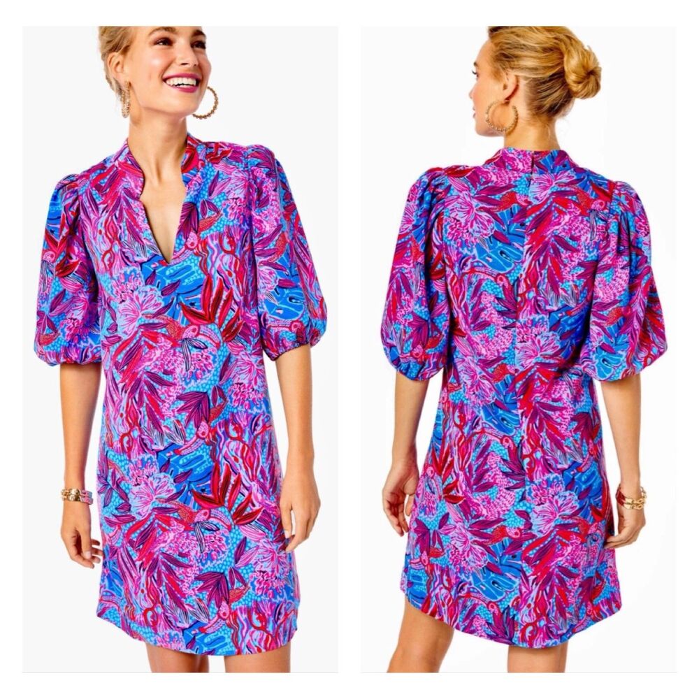 LILLY PULITZER Arcelle Printed Dress Ruby Red Wild Times Print Puff Sleeves Sz S